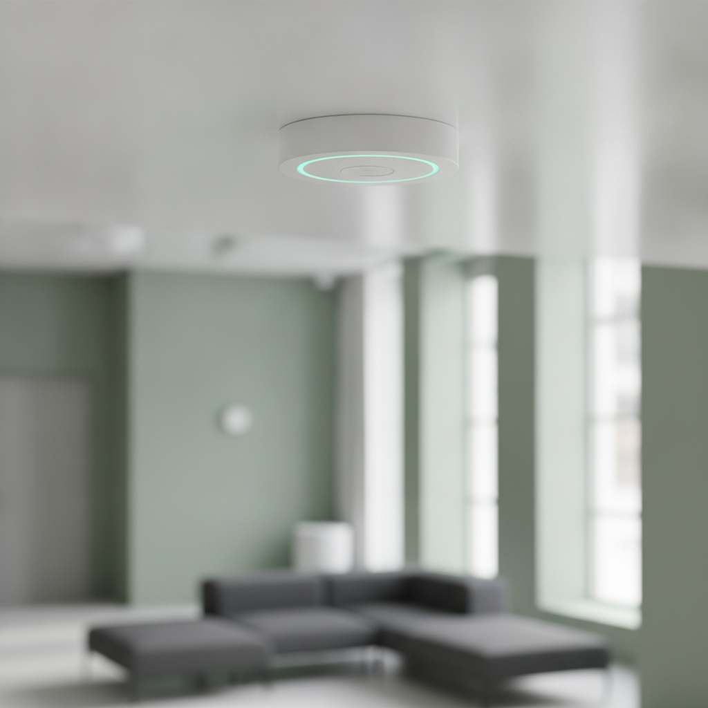 A modern ceiling-mounted ATD air and smoke sensor monitoring a calm, light-filled interior
